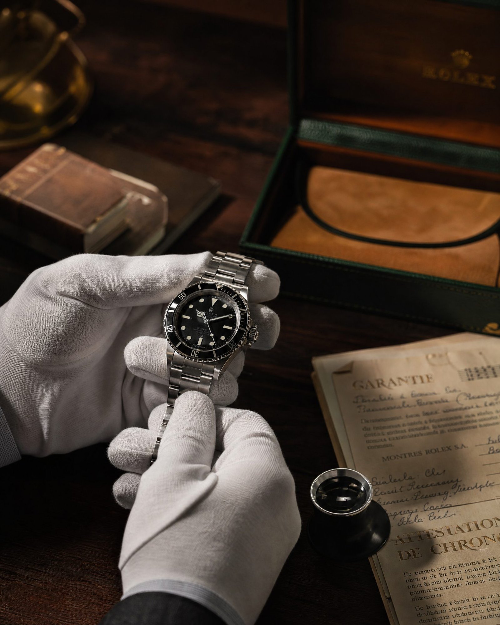 Gloved hands inspecting a luxury timepiece with a loupe