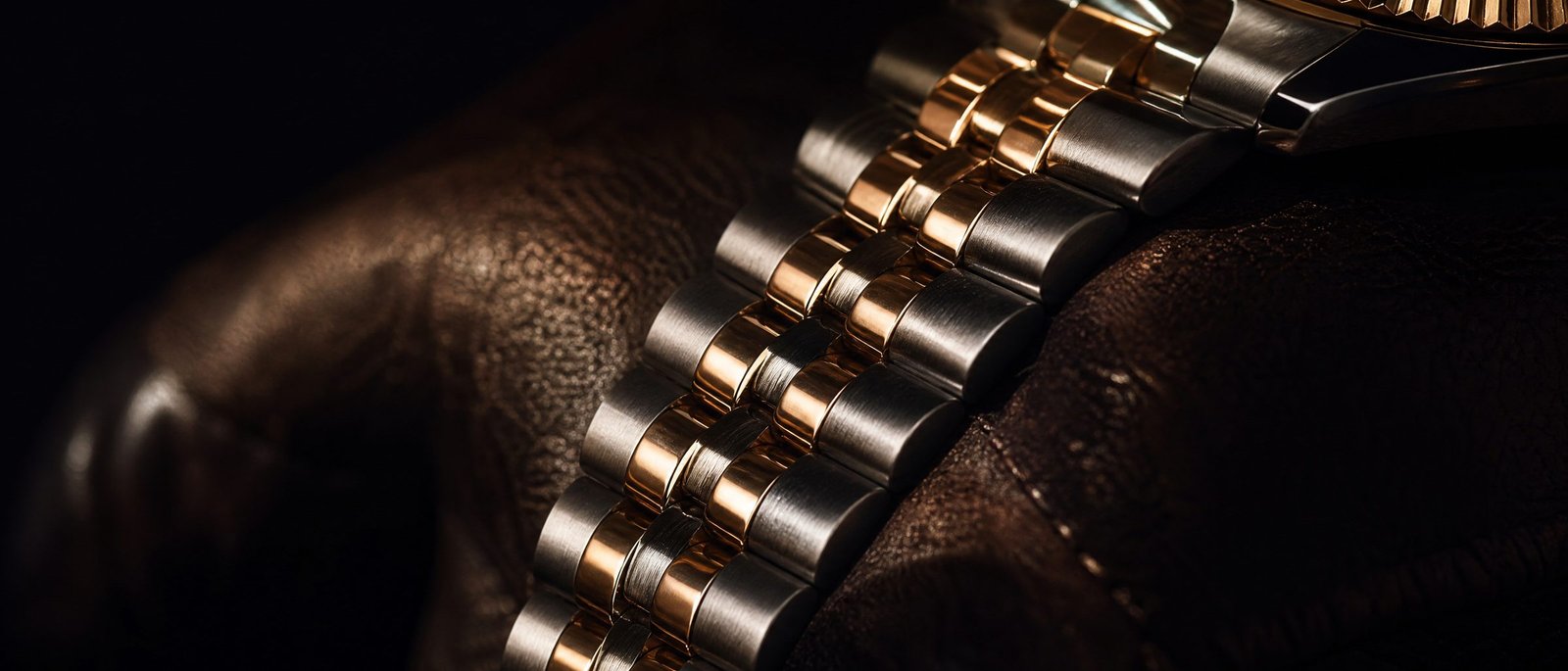 Macro detail of a two-tone gold and steel watch bracelet